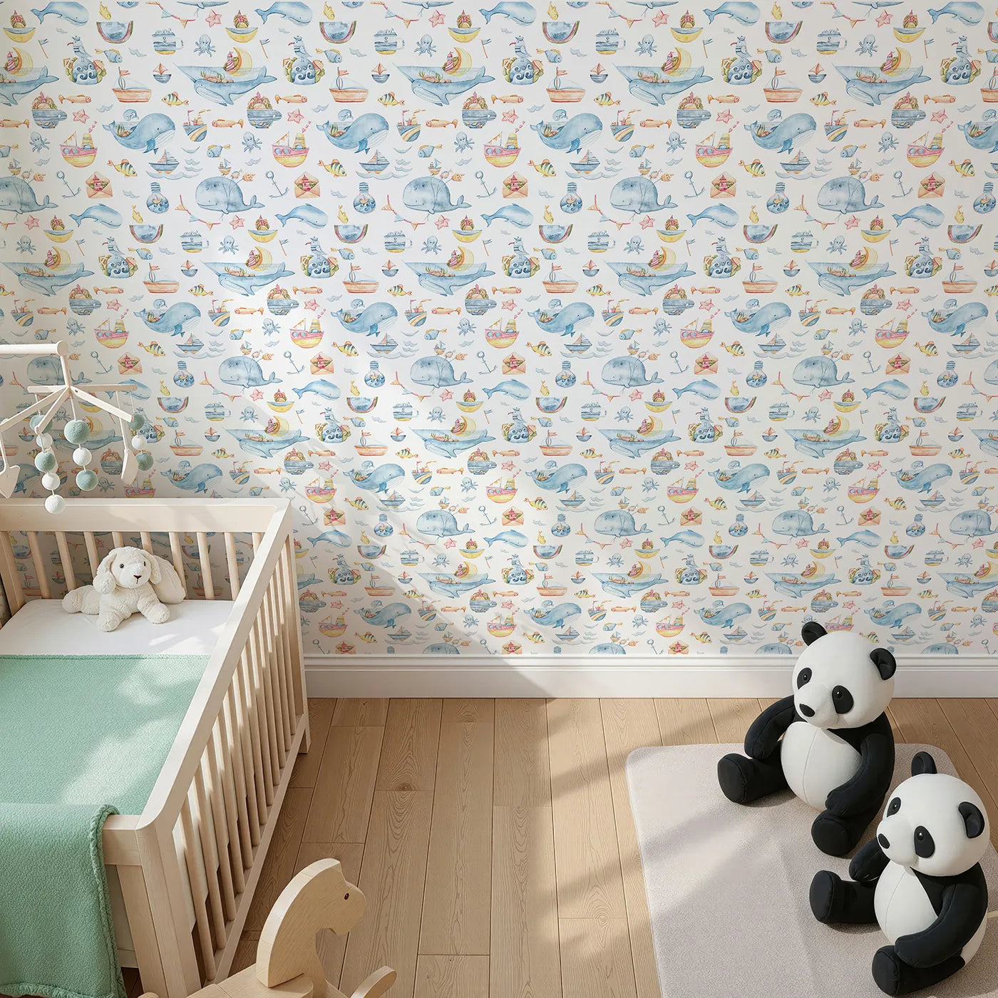 Top-Down view of Whimsy Tots' Whale Mail Wallpaper in White (W3313A).Happy whales deliver messages and memories across a whimsical ocean world.