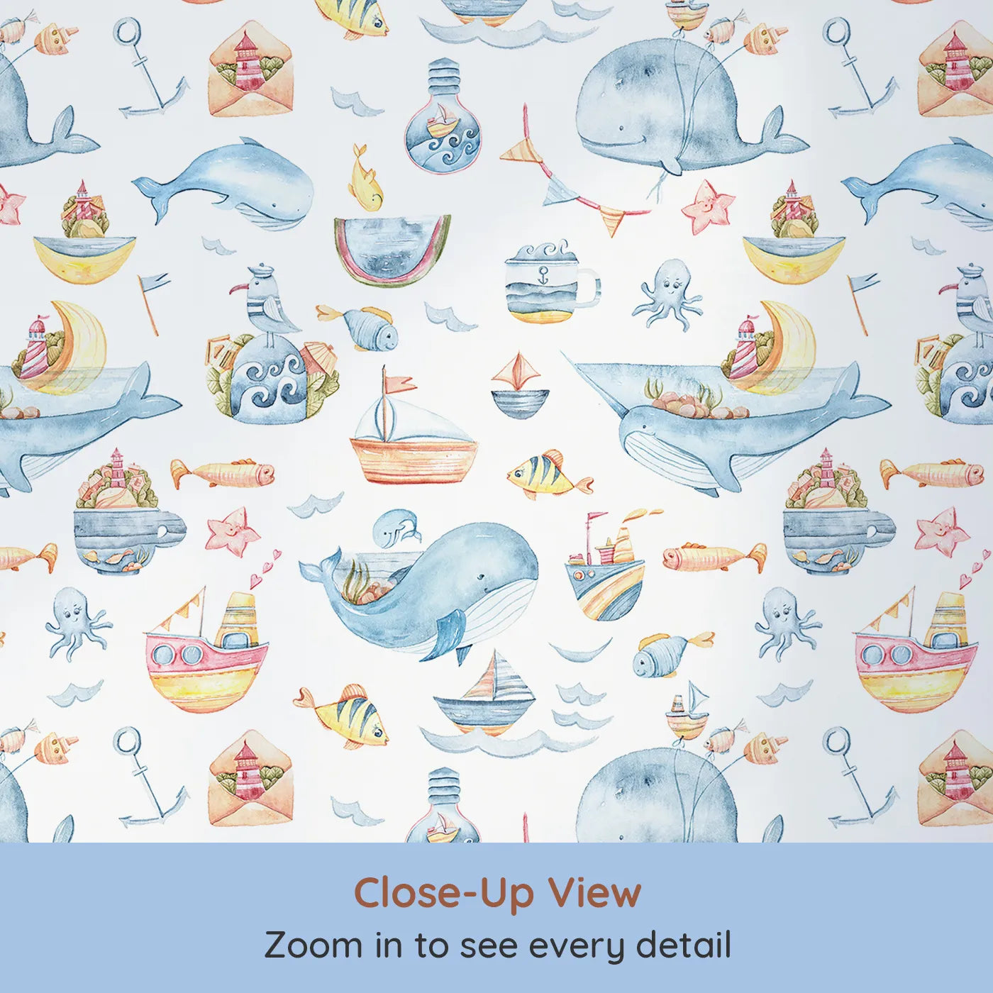 Close-up view of Whimsy Tots' Whale Mail Wallpaper in White (W3313A).Happy whales deliver messages and memories across a whimsical ocean world.