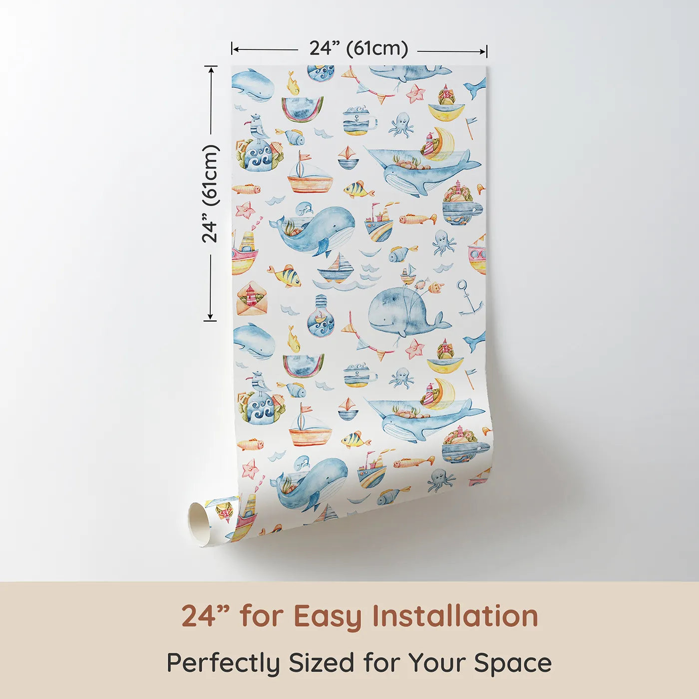 Dimension view of Whimsy Tots Whale Mail Wallpaper in White (W3313A). Printed in 24-inch-wide panel for easy installation. Happy whales deliver messages and memories across a whimsical ocean world.