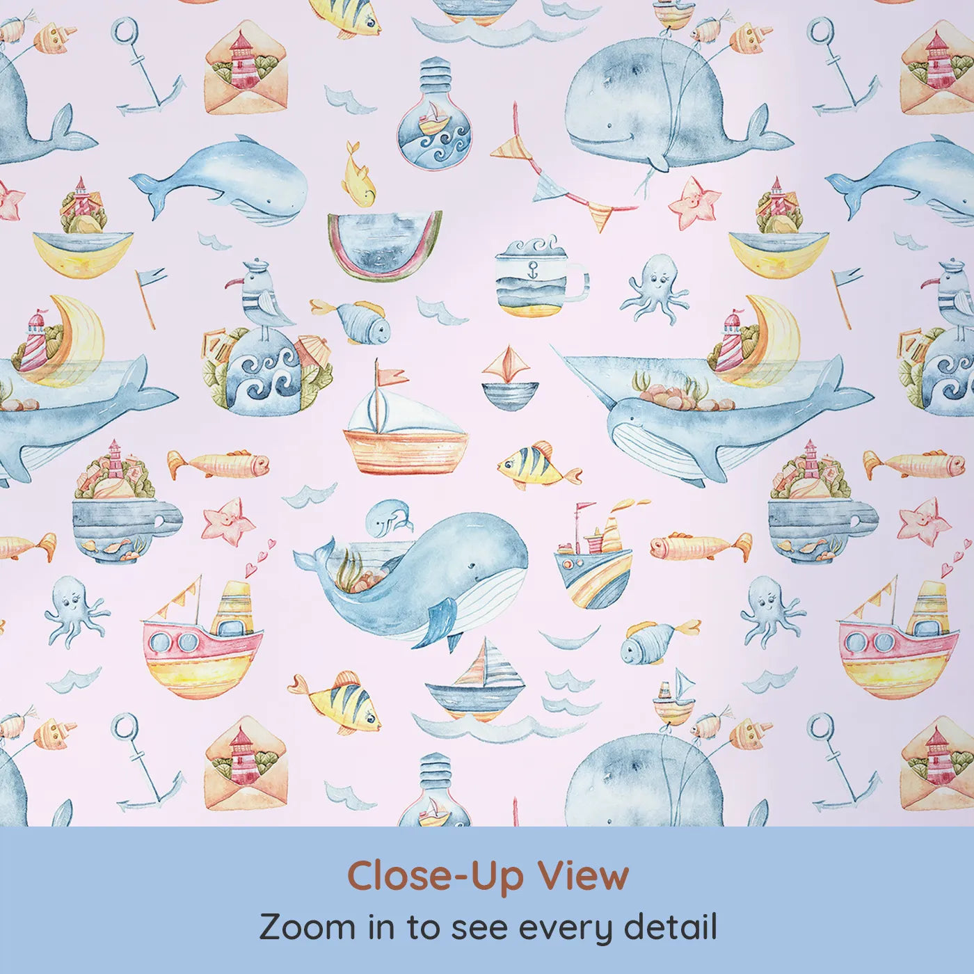 Close-up view of Whimsy Tots' Whale Mail Wallpaper in Pink (W3313B).Whimsical whales swim through pink skies with tiny ocean treasures in tow.