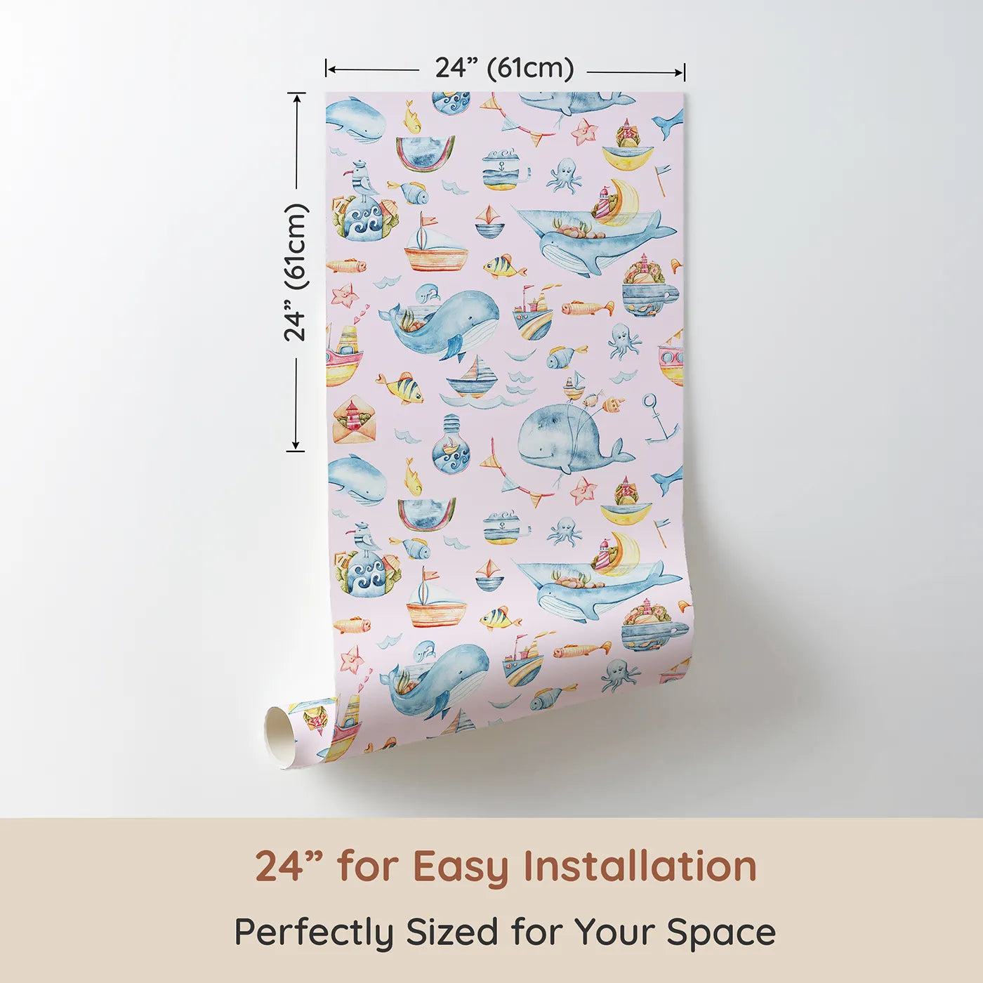 Dimension view of Whimsy Tots Whale Mail Wallpaper in Pink (W3313B). Printed in 24-inch-wide panel for easy installation. Whimsical whales swim through pink skies with tiny ocean treasures in tow.
