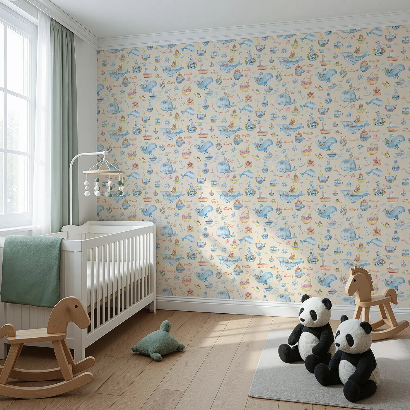 Angled view of Whimsy Tots' Whale Mail Wallpaper in Peach (W3313C).Smiling whales deliver joyful treasures across soft peach skies.