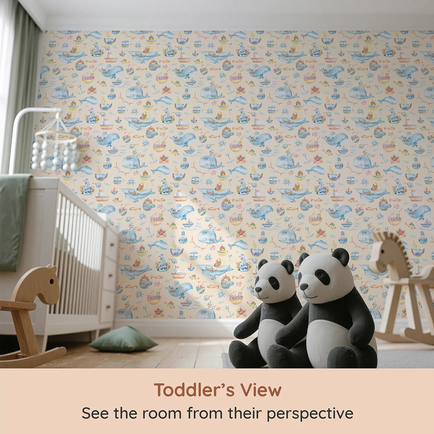 Whimsy Tots Whale Mail Wallpaper in Peach (W3313C) from your child's view.Smiling whales deliver joyful treasures across soft peach skies.