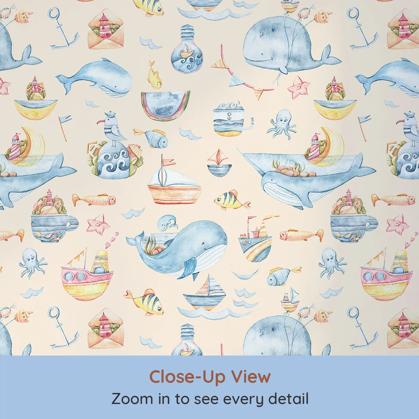 Close-up view of Whimsy Tots' Whale Mail Wallpaper in Peach (W3313C).Smiling whales deliver joyful treasures across soft peach skies.