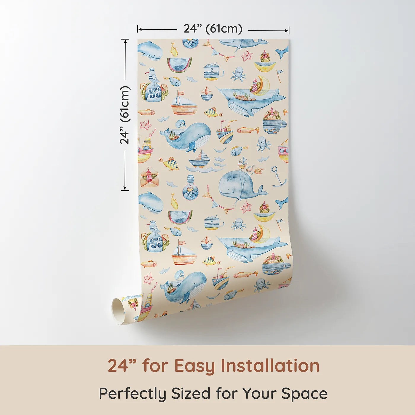 Dimension view of Whimsy Tots Whale Mail Wallpaper in Peach (W3313C). Printed in 24-inch-wide panel for easy installation. Smiling whales deliver joyful treasures across soft peach skies.