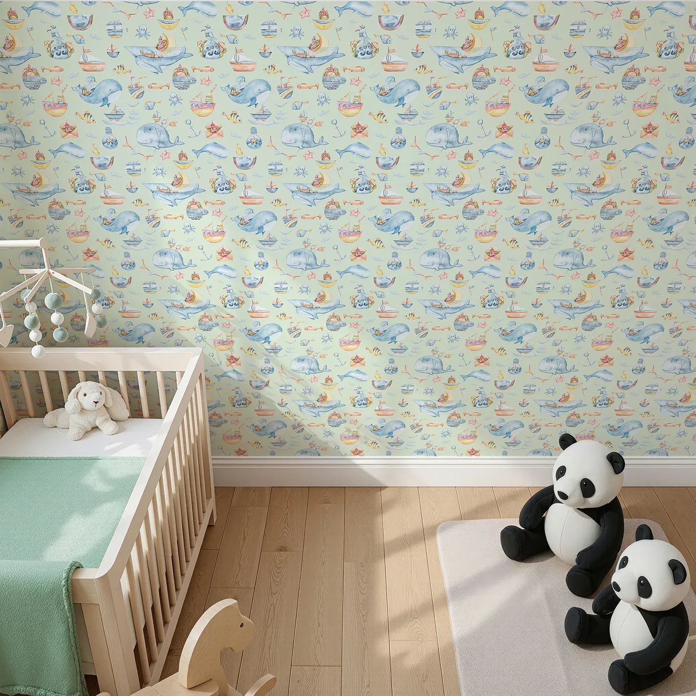 Top-Down view of Whimsy Tots' Whale Mail Wallpaper in Mint Green (W3313D).Whales carry ocean treasures across fresh minty skies.
