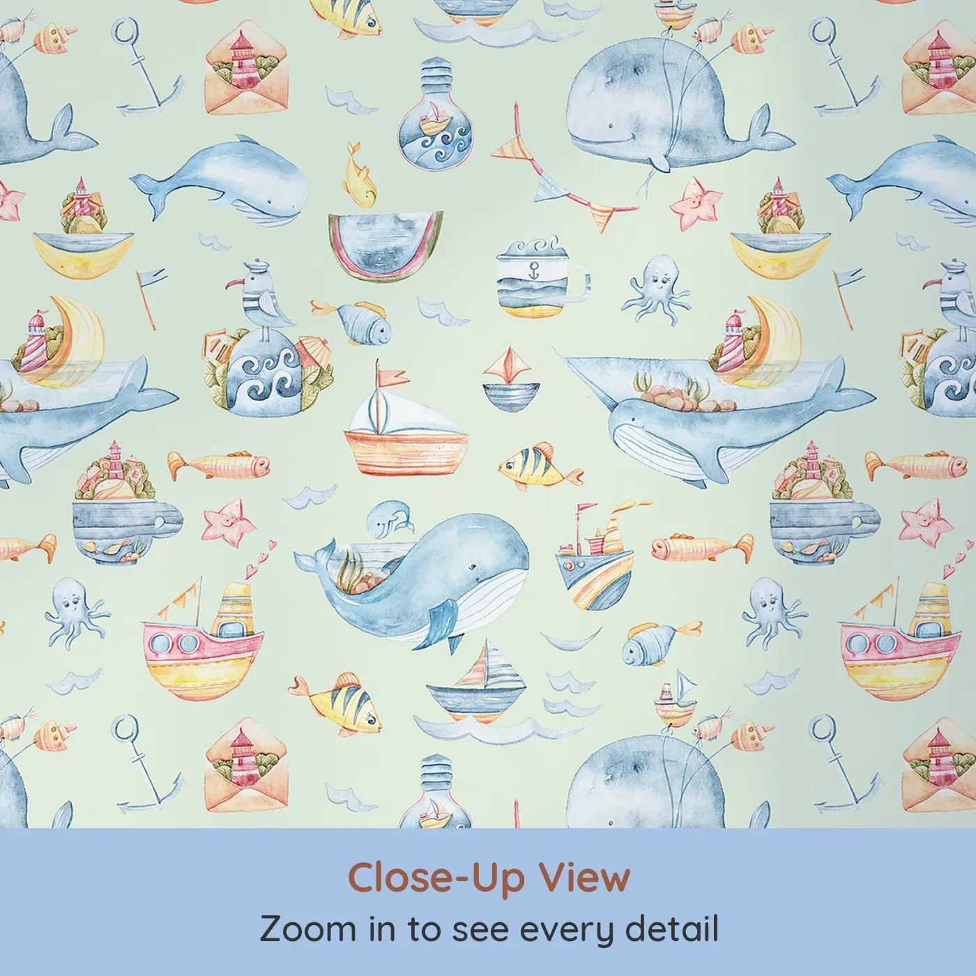 Close-up view of Whimsy Tots' Whale Mail Wallpaper in Mint Green (W3313D).Whales carry ocean treasures across fresh minty skies.