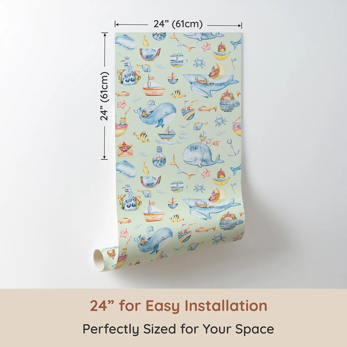 Dimension view of Whimsy Tots Whale Mail Wallpaper in Mint Green (W3313D). Printed in 24-inch-wide panel for easy installation. Whales carry ocean treasures across fresh minty skies.