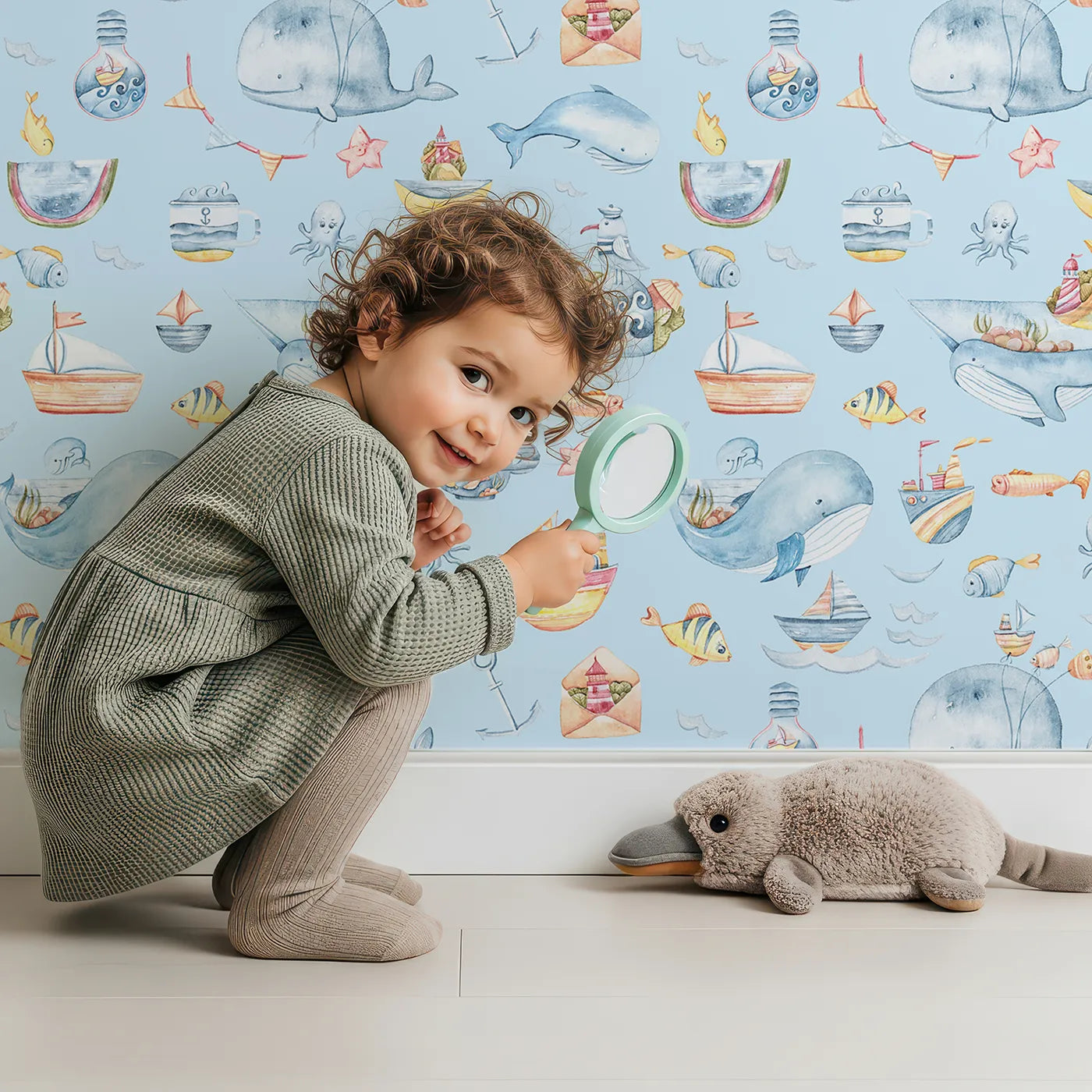 Lovely child standing in front of Whimsy Tots Whale Mail Wallpaper in Sky Blue with whale, fish, octopus, boat, lighthouse, anchor, bird, mug, watermelon, letter in design.