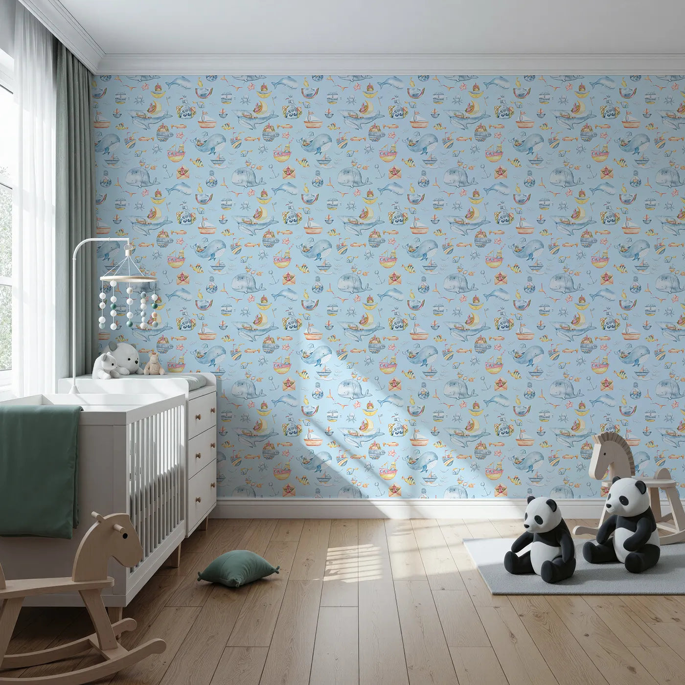 Front view of Whimsy Tots' Whale Mail Wallpaper in Sky Blue