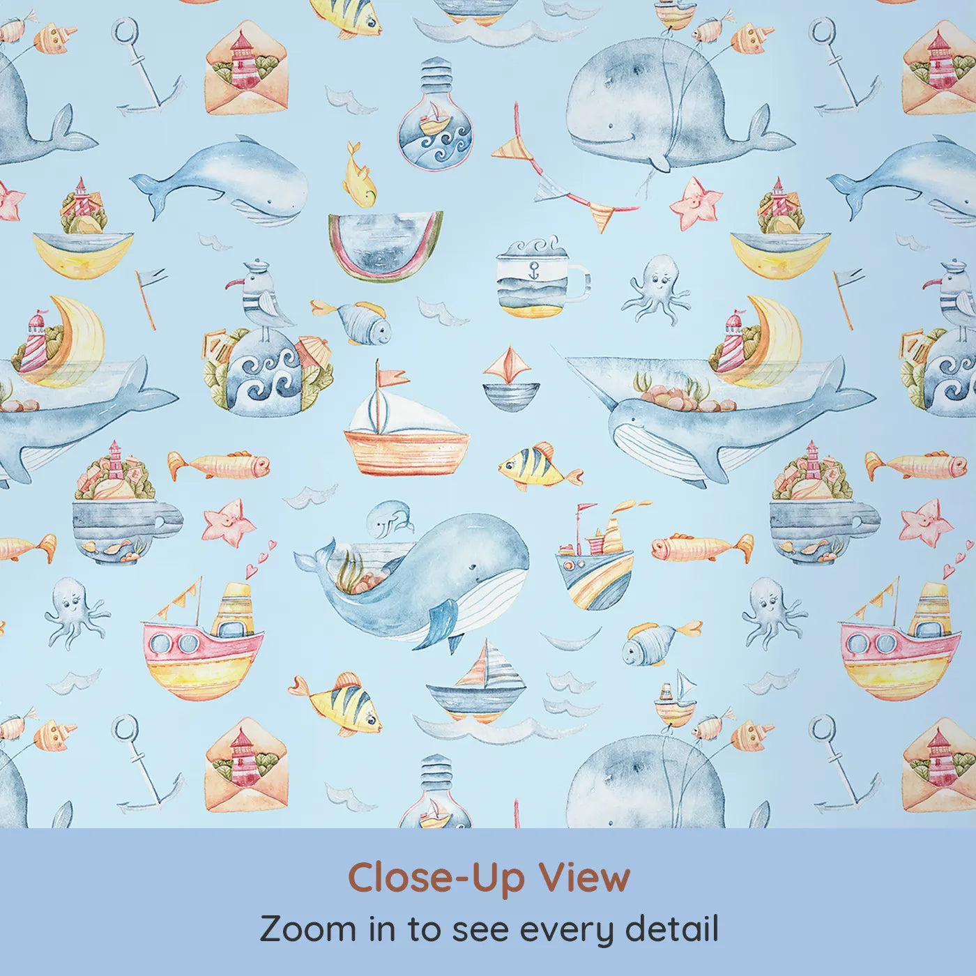 Close-up view of Whimsy Tots' Whale Mail Wallpaper in Sky Blue (W3313E).Cheerful whales swim across blue skies with mail, mugs, and marine treasures.