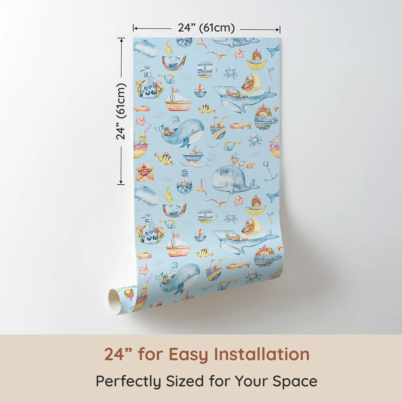 Dimension view of Whimsy Tots Whale Mail Wallpaper in Sky Blue (W3313E). Printed in 24-inch-wide panel for easy installation. Cheerful whales swim across blue skies with mail, mugs, and marine treasures.