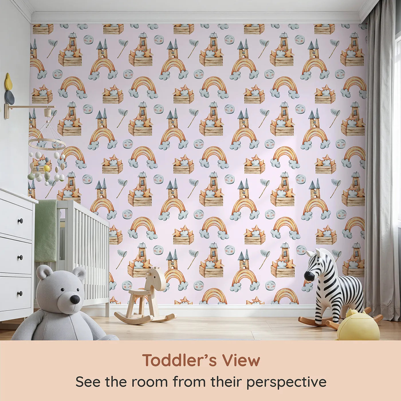 Whimsy Tots Rainbow Castle Dreams Wallpaper in Pink (W3314B) from your child's view.Smiling moons and cozy castles float among pastel dreams.