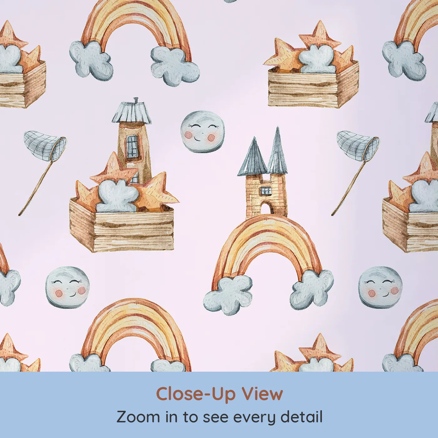 Close-up view of Whimsy Tots' Rainbow Castle Dreams Wallpaper in Pink (W3314B).Smiling moons and cozy castles float among pastel dreams.