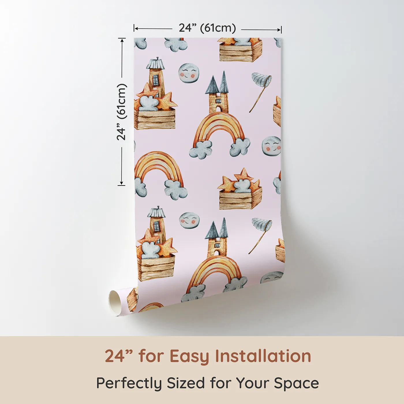 Dimension view of Whimsy Tots Rainbow Castle Dreams Wallpaper in Pink (W3314B). Printed in 24-inch-wide panel for easy installation. Smiling moons and cozy castles float among pastel dreams.