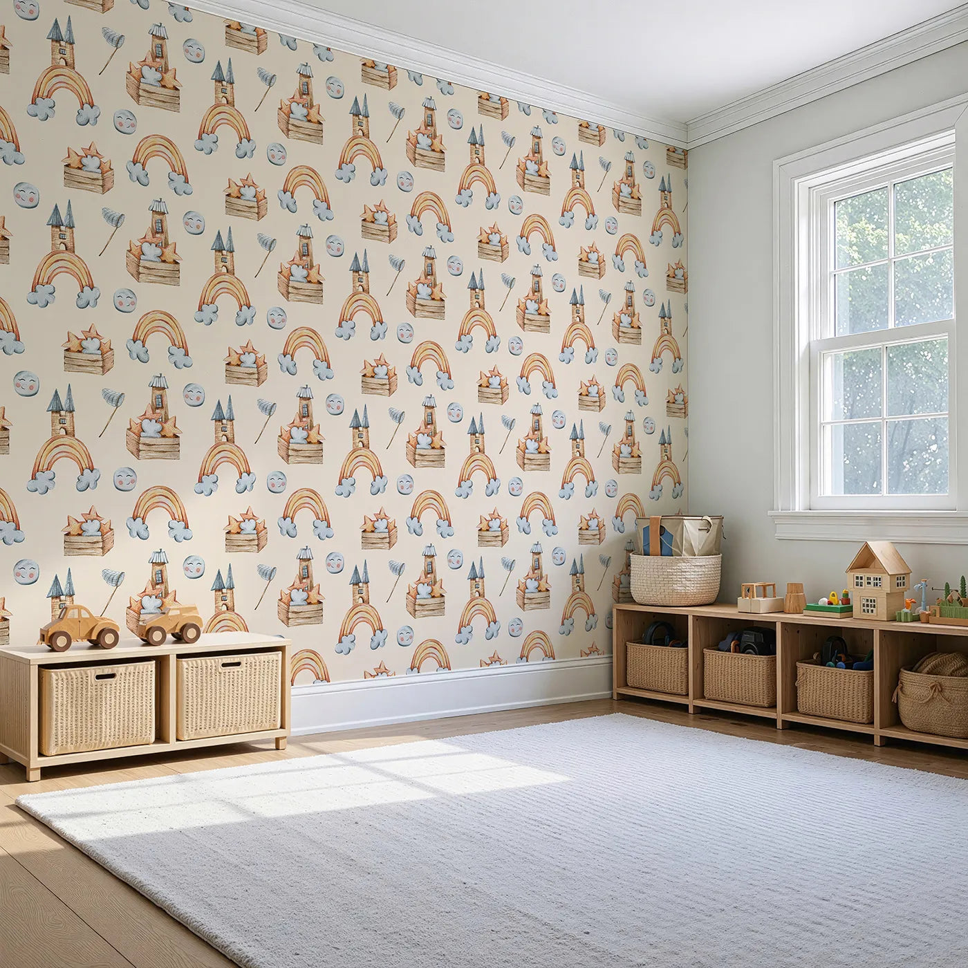 Angled view of Whimsy Tots' Rainbow Castle Dreams Wallpaper in Peach (W3314C).Earthy rainbows and wooden towers rise into soft peach skies.