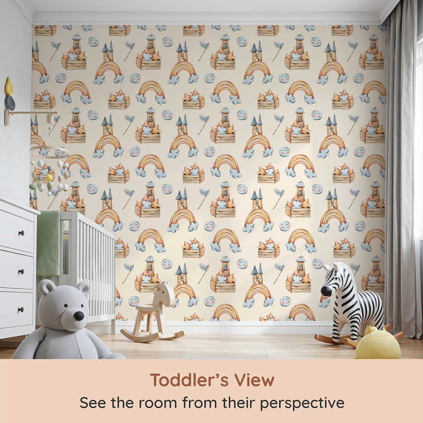 Whimsy Tots Rainbow Castle Dreams Wallpaper in Peach (W3314C) from your child's view.Earthy rainbows and wooden towers rise into soft peach skies.