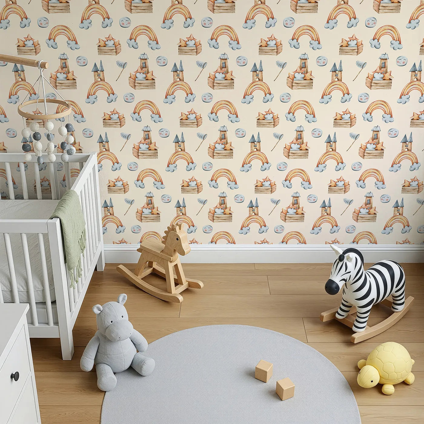 Top-Down view of Whimsy Tots' Rainbow Castle Dreams Wallpaper in Peach (W3314C).Earthy rainbows and wooden towers rise into soft peach skies.