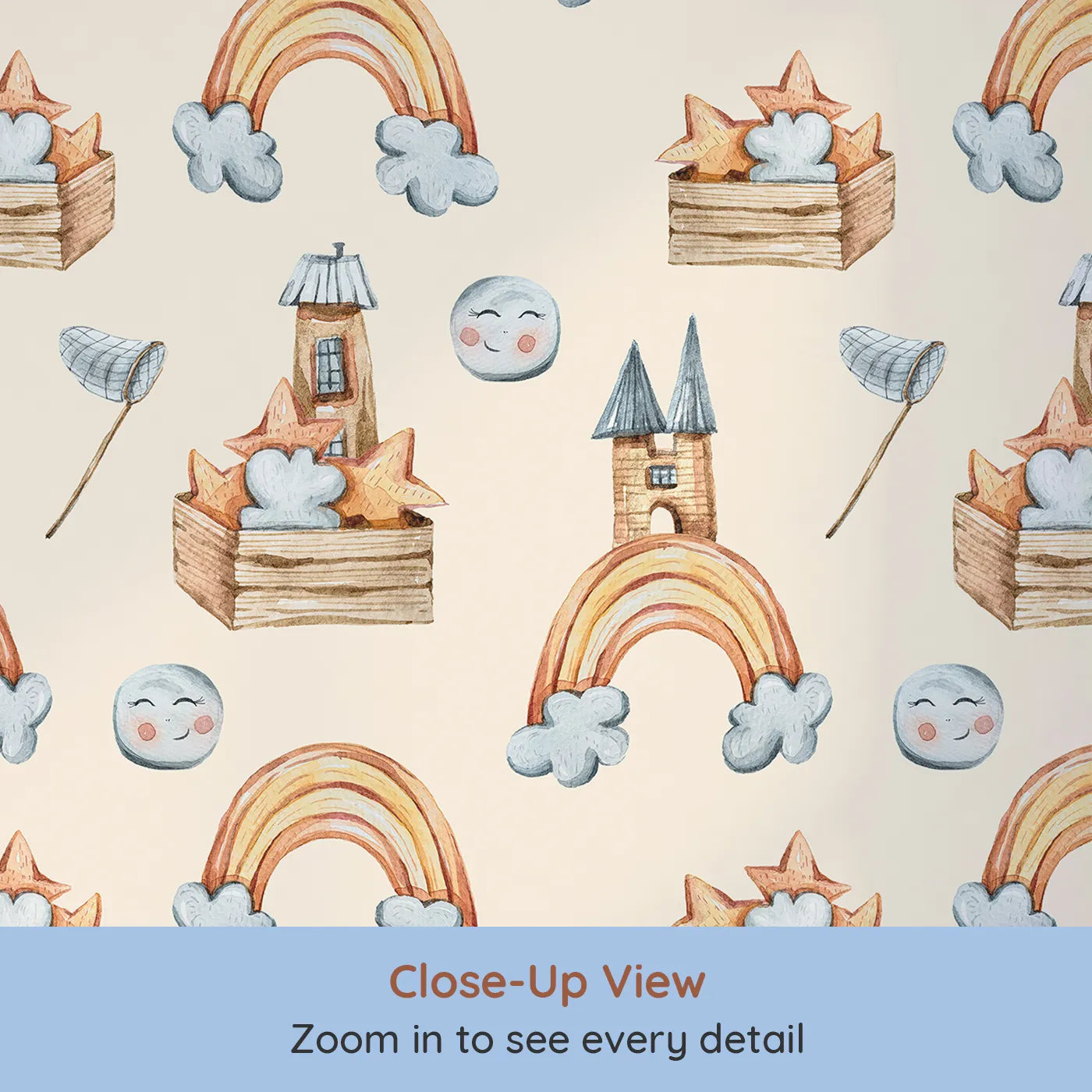 Close-up view of Whimsy Tots' Rainbow Castle Dreams Wallpaper in Peach (W3314C).Earthy rainbows and wooden towers rise into soft peach skies.