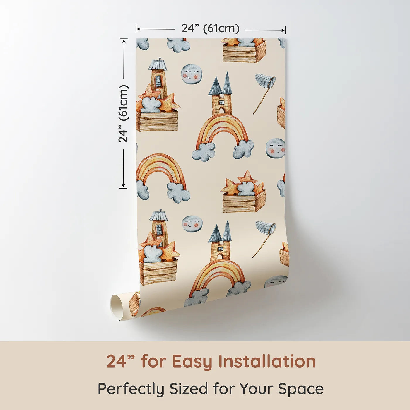 Dimension view of Whimsy Tots Rainbow Castle Dreams Wallpaper in Peach (W3314C). Printed in 24-inch-wide panel for easy installation. Earthy rainbows and wooden towers rise into soft peach skies.