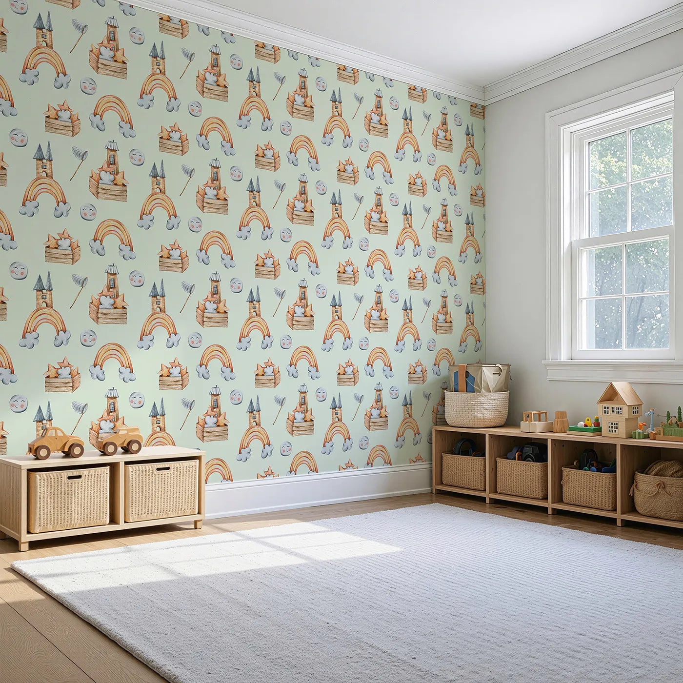 Angled view of Whimsy Tots' Rainbow Castle Dreams Wallpaper in Mint Green (W3314D).Cheerful castles and pastel stars float gently across soft mint skies.