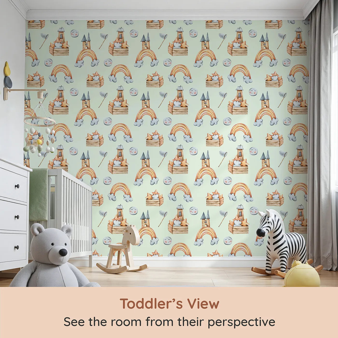 Whimsy Tots Rainbow Castle Dreams Wallpaper in Mint Green (W3314D) from your child's view.Cheerful castles and pastel stars float gently across soft mint skies.