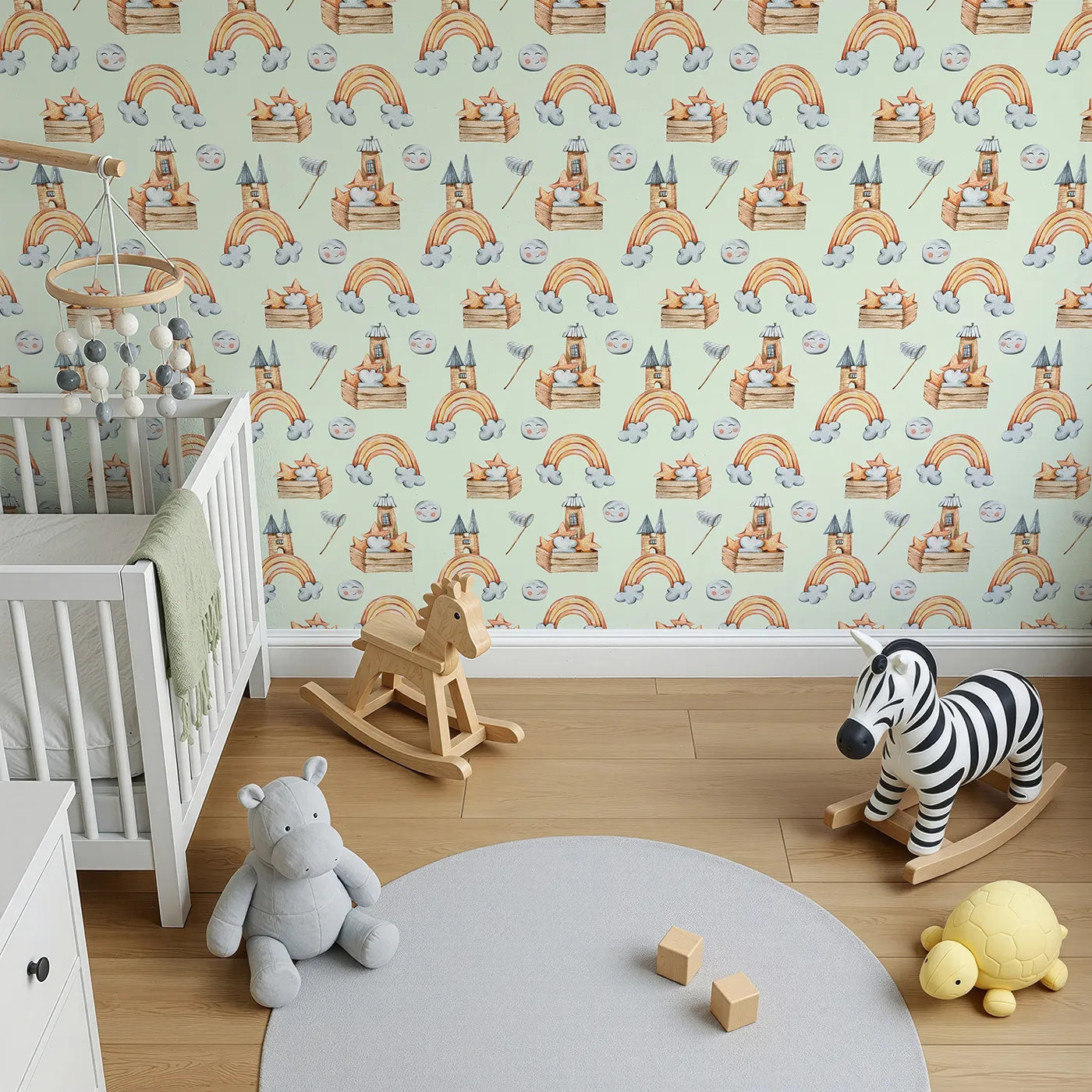 Top-Down view of Whimsy Tots' Rainbow Castle Dreams Wallpaper in Mint Green (W3314D).Cheerful castles and pastel stars float gently across soft mint skies.