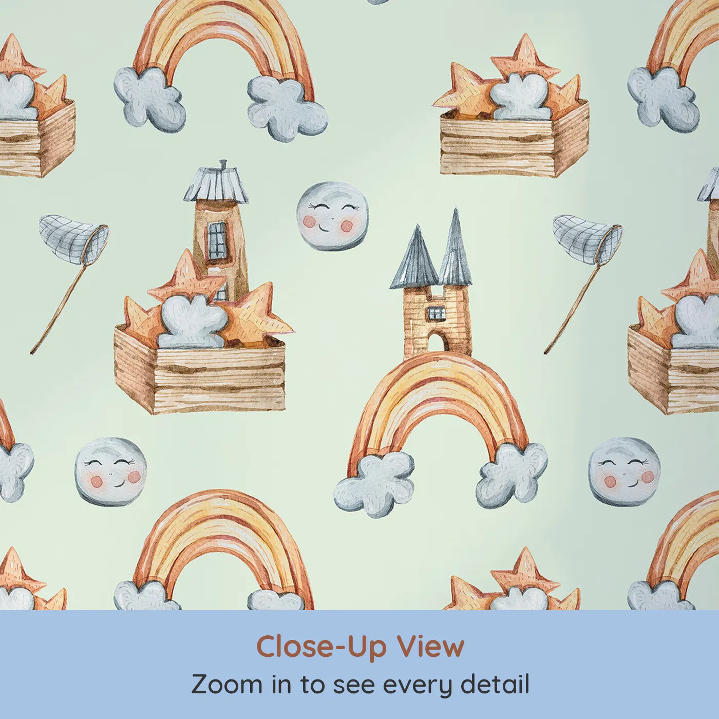 Close-up view of Whimsy Tots' Rainbow Castle Dreams Wallpaper in Mint Green (W3314D).Cheerful castles and pastel stars float gently across soft mint skies.