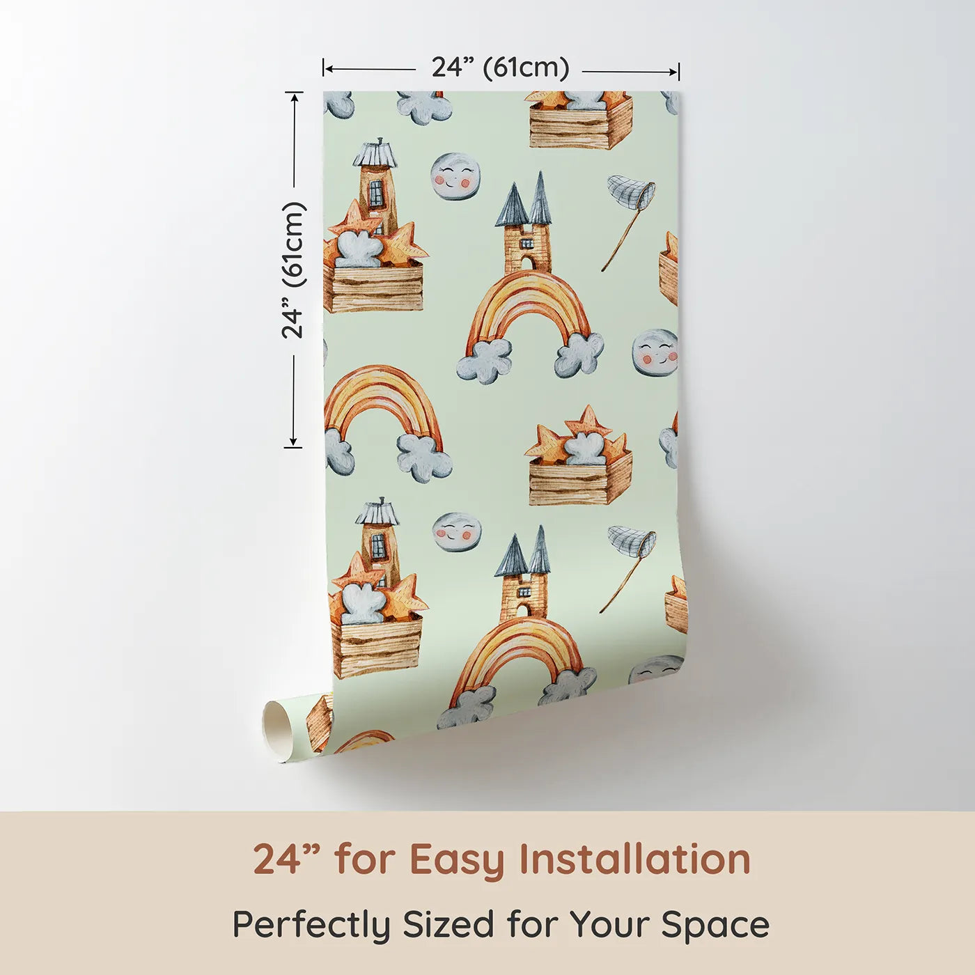 Dimension view of Whimsy Tots Rainbow Castle Dreams Wallpaper in Mint Green (W3314D). Printed in 24-inch-wide panel for easy installation. Cheerful castles and pastel stars float gently across soft mint skies.