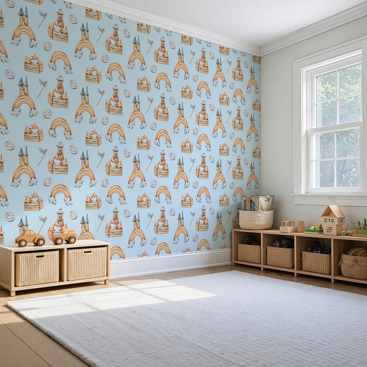 Angled view of Whimsy Tots' Rainbow Castle Dreams Wallpaper in Blue (W3314E).Playful stars and smiling moons float over a sea of blue sky dreams.