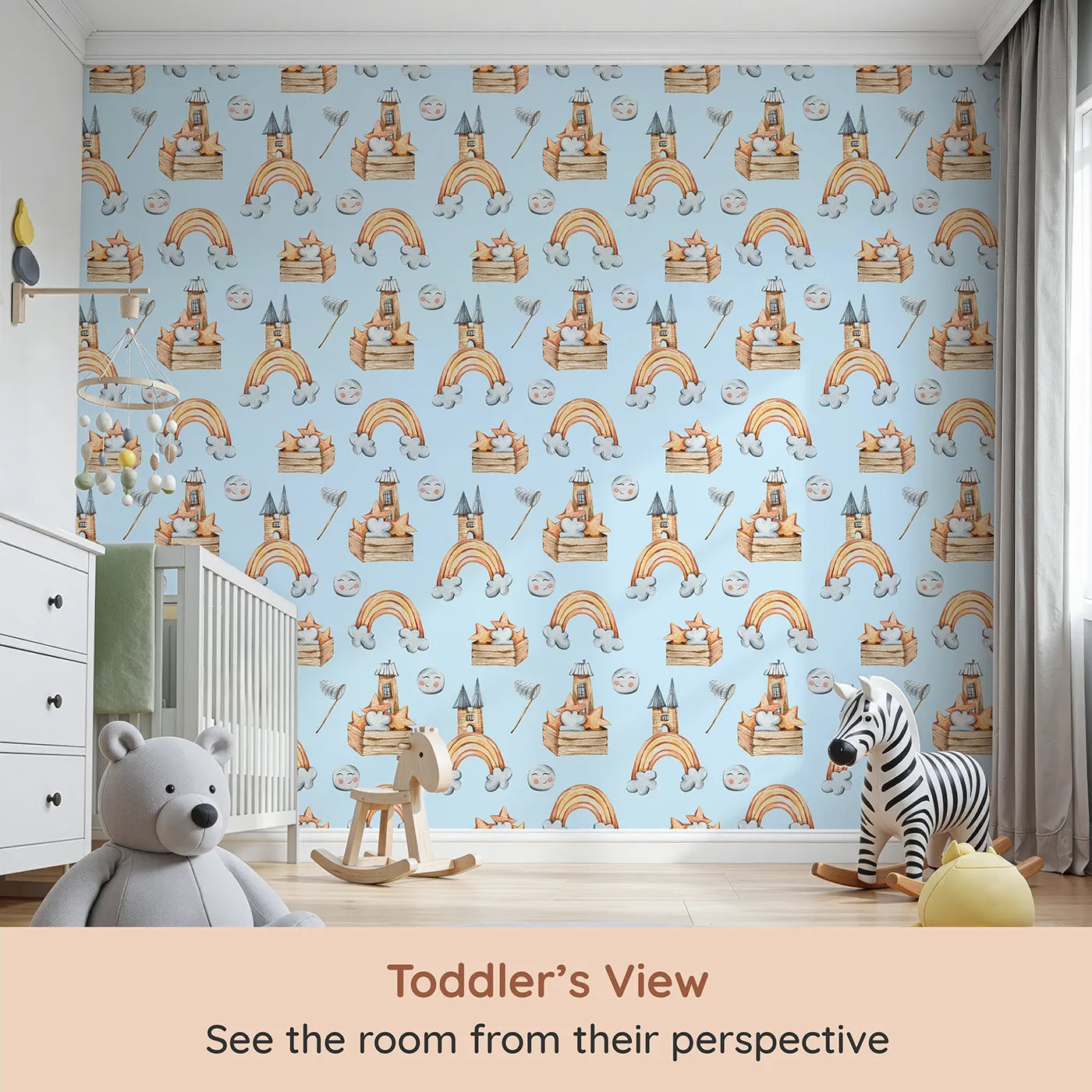 Whimsy Tots Rainbow Castle Dreams Wallpaper in Blue (W3314E) from your child's view.Playful stars and smiling moons float over a sea of blue sky dreams.