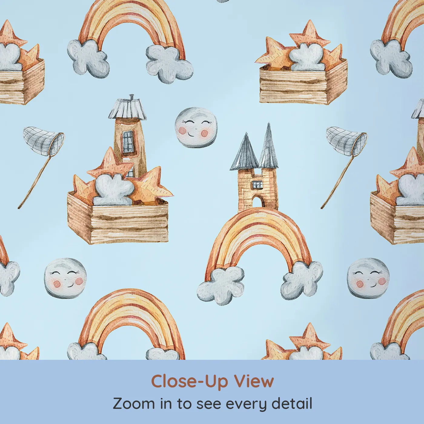 Close-up view of Whimsy Tots' Rainbow Castle Dreams Wallpaper in Blue (W3314E).Playful stars and smiling moons float over a sea of blue sky dreams.