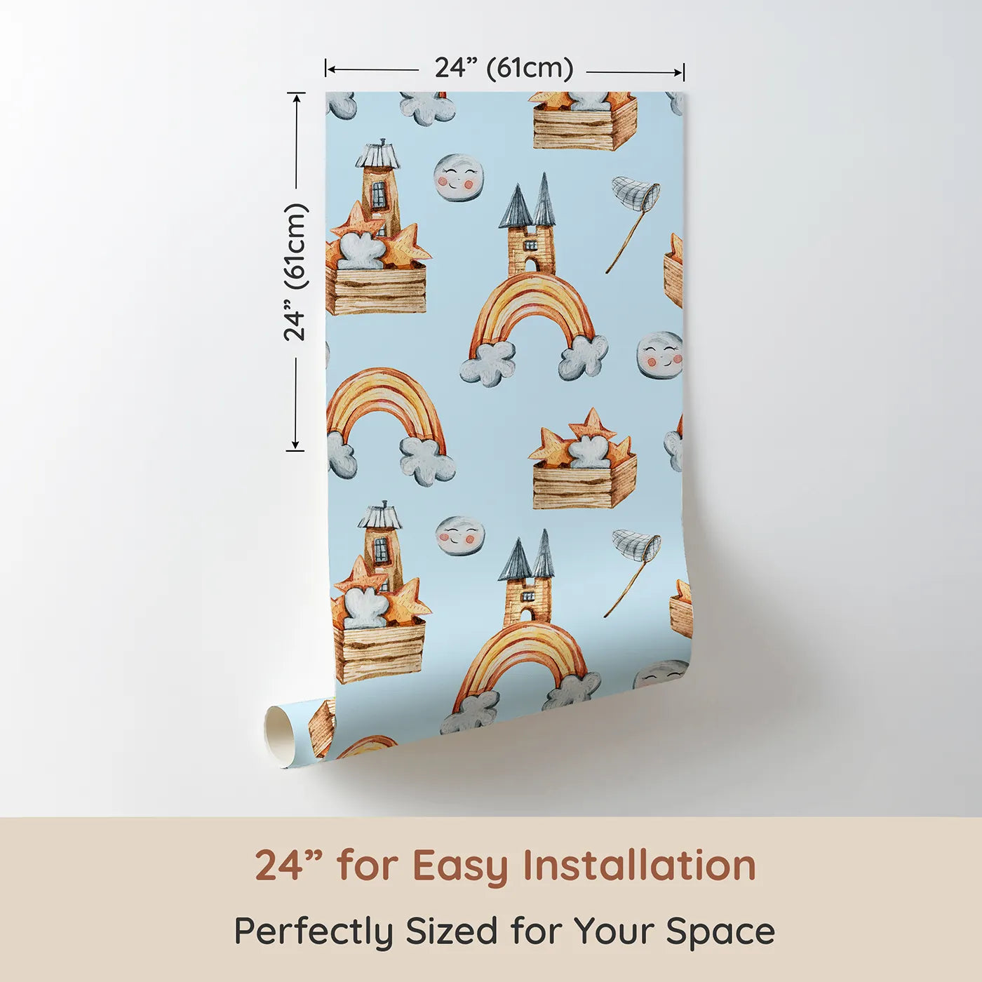 Dimension view of Whimsy Tots Rainbow Castle Dreams Wallpaper in Blue (W3314E). Printed in 24-inch-wide panel for easy installation. Playful stars and smiling moons float over a sea of blue sky dreams.