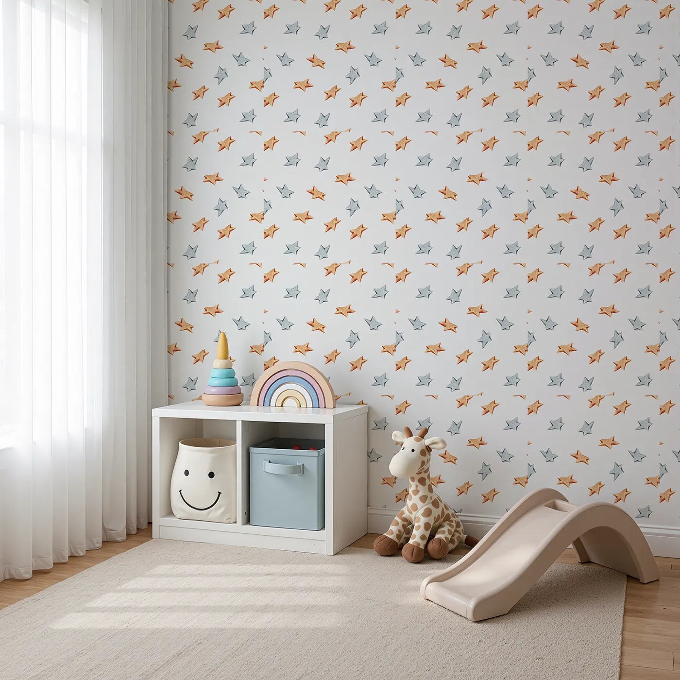 Angled view of Whimsy Tots' Wooden Star Sprinkle Wallpaper in White (W3315A).Natural orange and silver stars twinkle gently on crisp white skies.