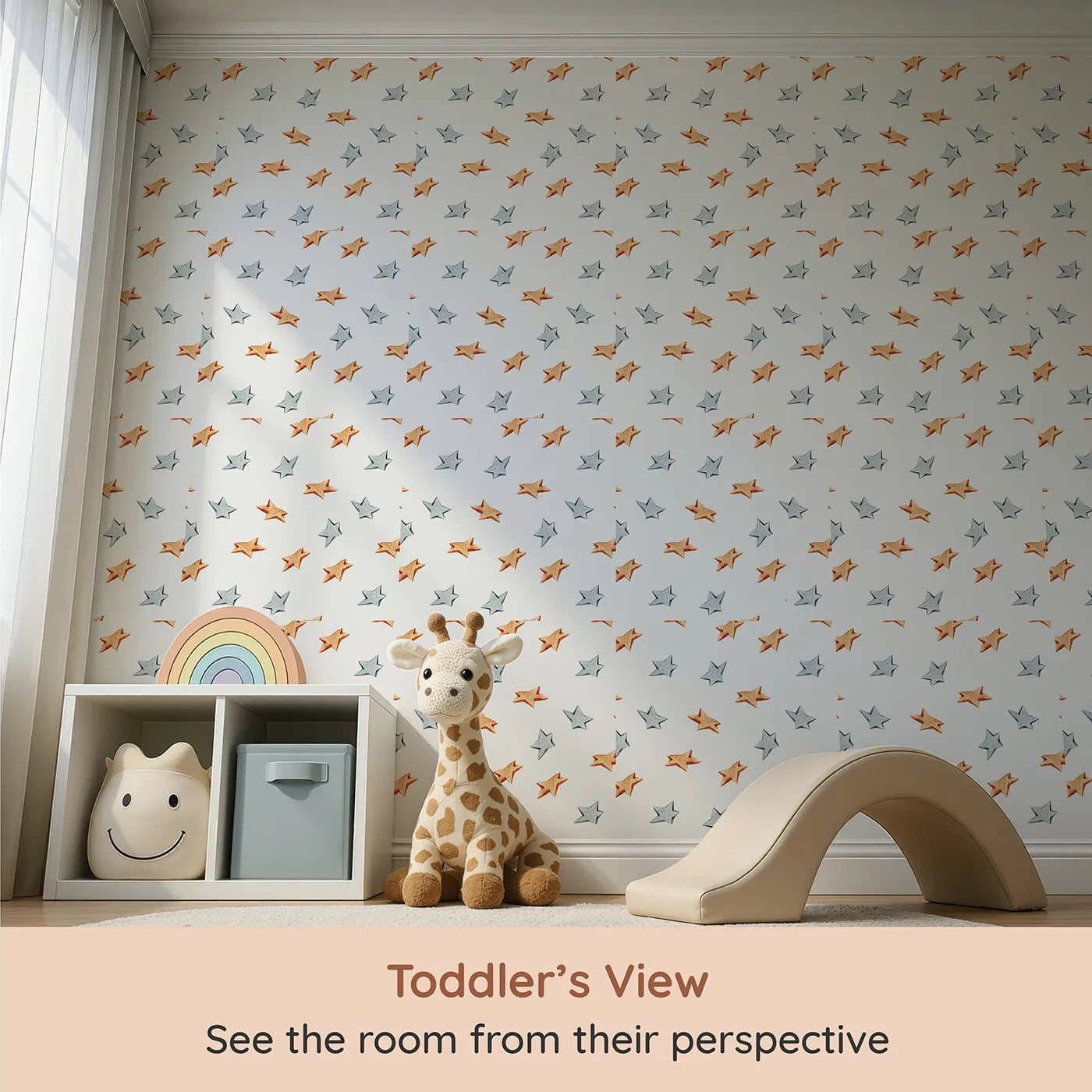 Whimsy Tots Wooden Star Sprinkle Wallpaper in White (W3315A) from your child's view.Natural orange and silver stars twinkle gently on crisp white skies.