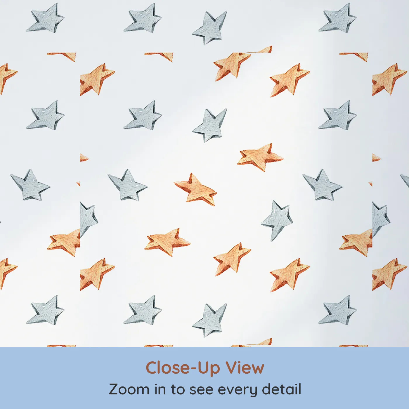 Close-up view of Whimsy Tots' Wooden Star Sprinkle Wallpaper in White (W3315A).Natural orange and silver stars twinkle gently on crisp white skies.