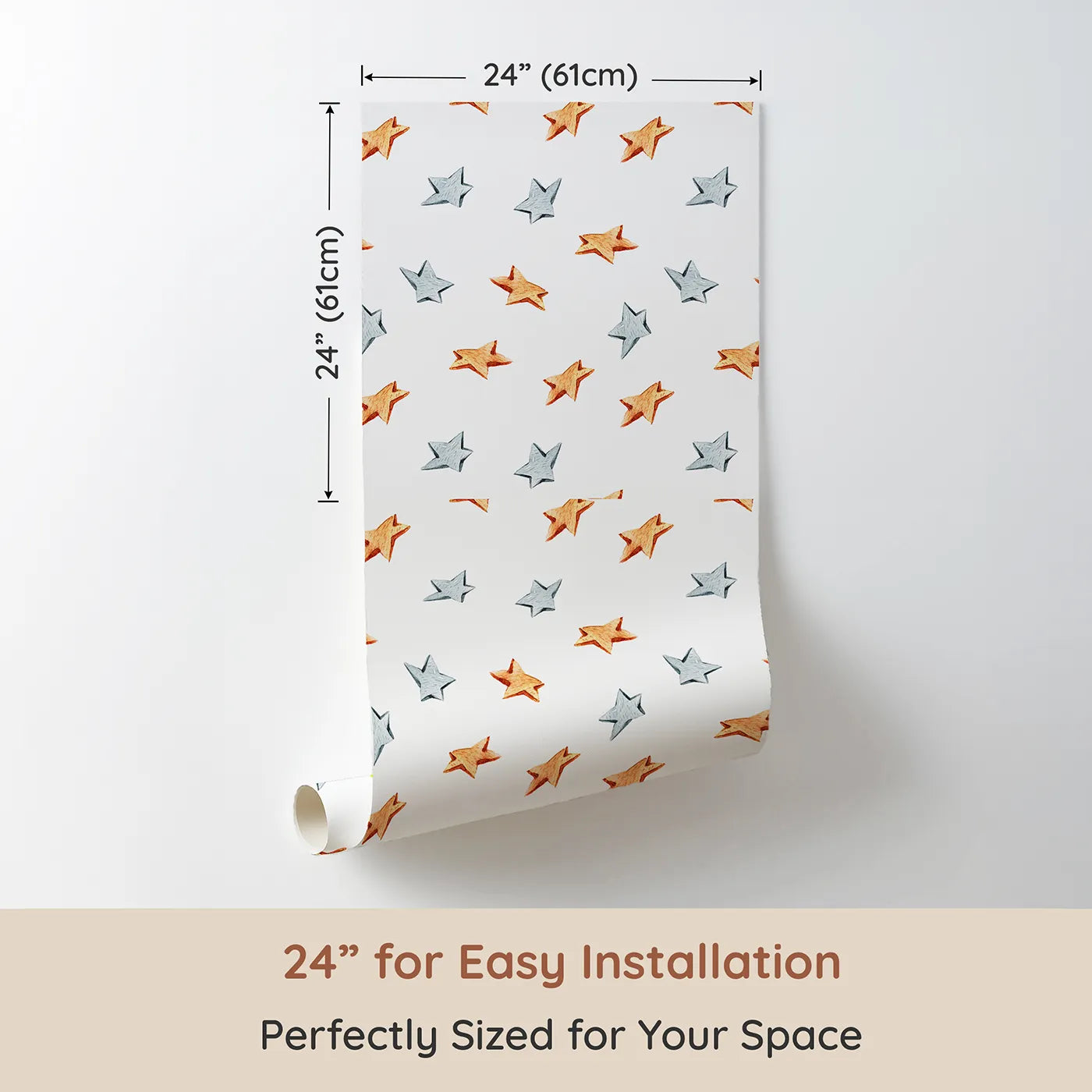 Dimension view of Whimsy Tots Wooden Star Sprinkle Wallpaper in White (W3315A). Printed in 24-inch-wide panel for easy installation. Natural orange and silver stars twinkle gently on crisp white skies.