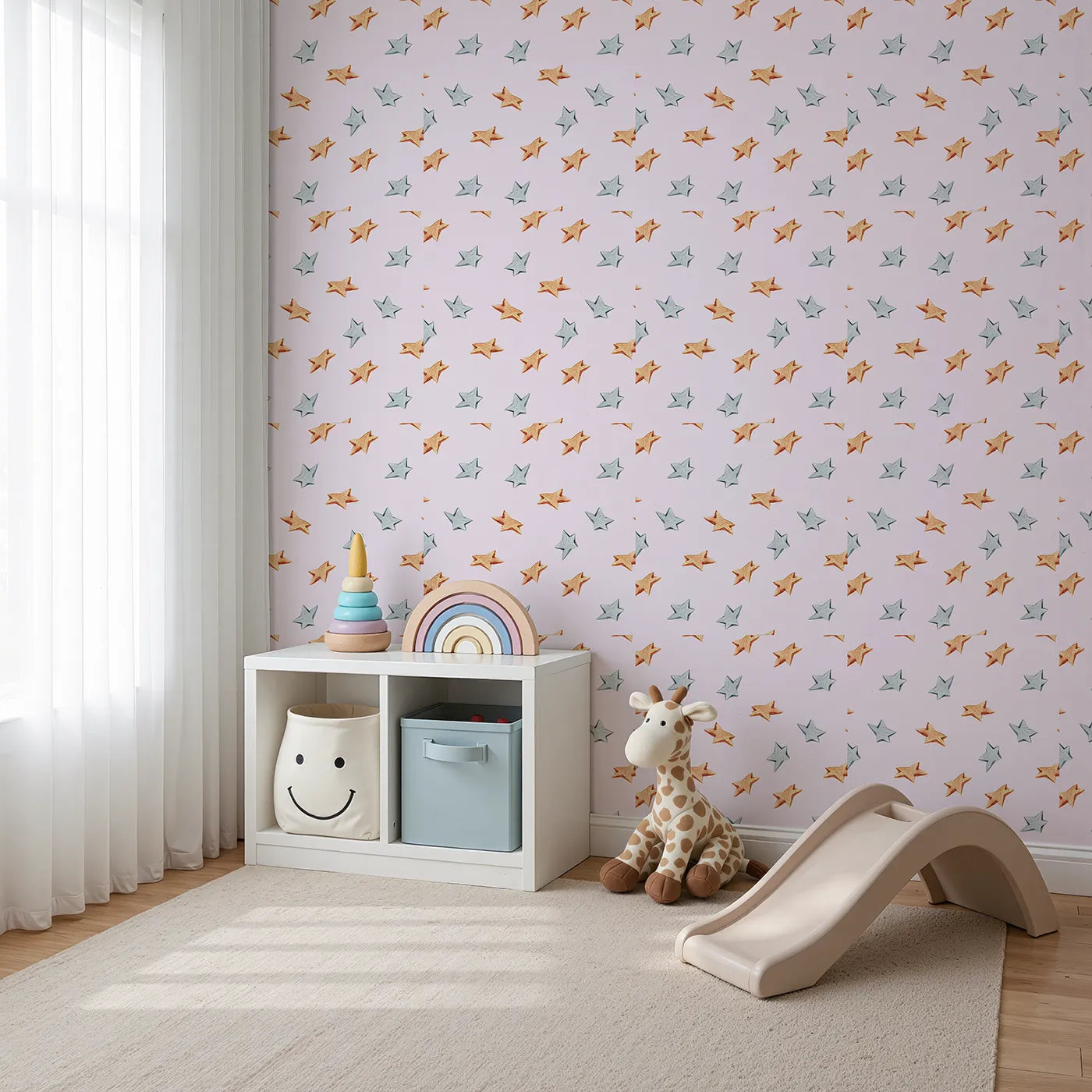 Angled view of Whimsy Tots' Wooden Star Sprinkle Wallpaper in Pink (W3315B).Warm wooden stars float across soft pink skies like cozy constellations.