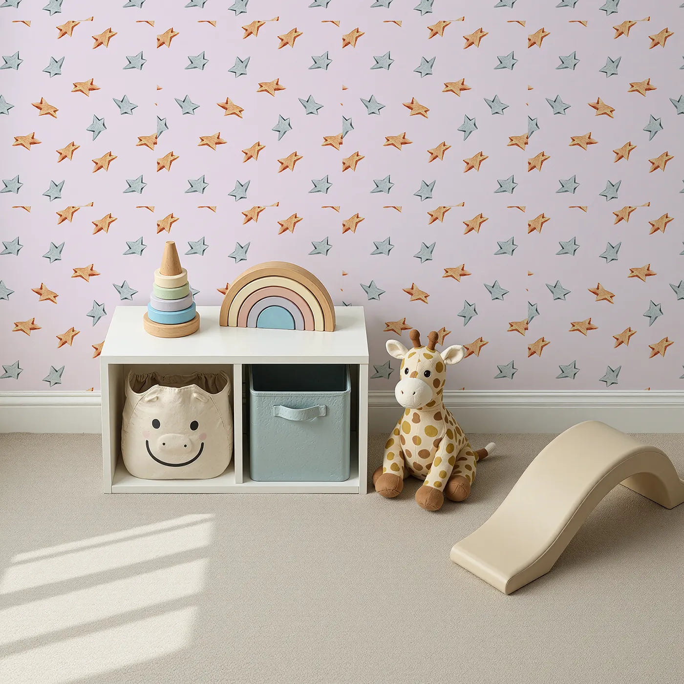 Top-Down view of Whimsy Tots' Wooden Star Sprinkle Wallpaper in Pink (W3315B).Warm wooden stars float across soft pink skies like cozy constellations.