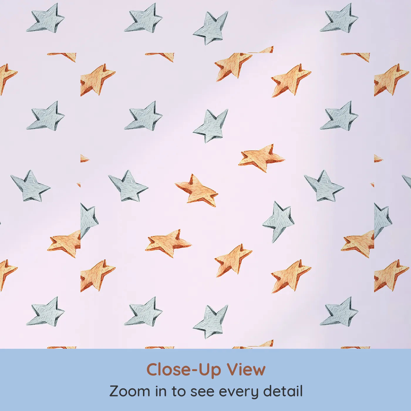 Close-up view of Whimsy Tots' Wooden Star Sprinkle Wallpaper in Pink (W3315B).Warm wooden stars float across soft pink skies like cozy constellations.