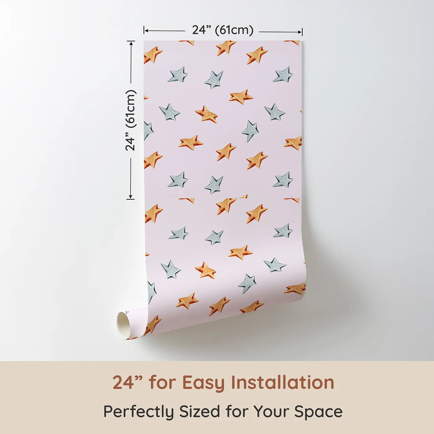 Dimension view of Whimsy Tots Wooden Star Sprinkle Wallpaper in Pink (W3315B). Printed in 24-inch-wide panel for easy installation. Warm wooden stars float across soft pink skies like cozy constellations.