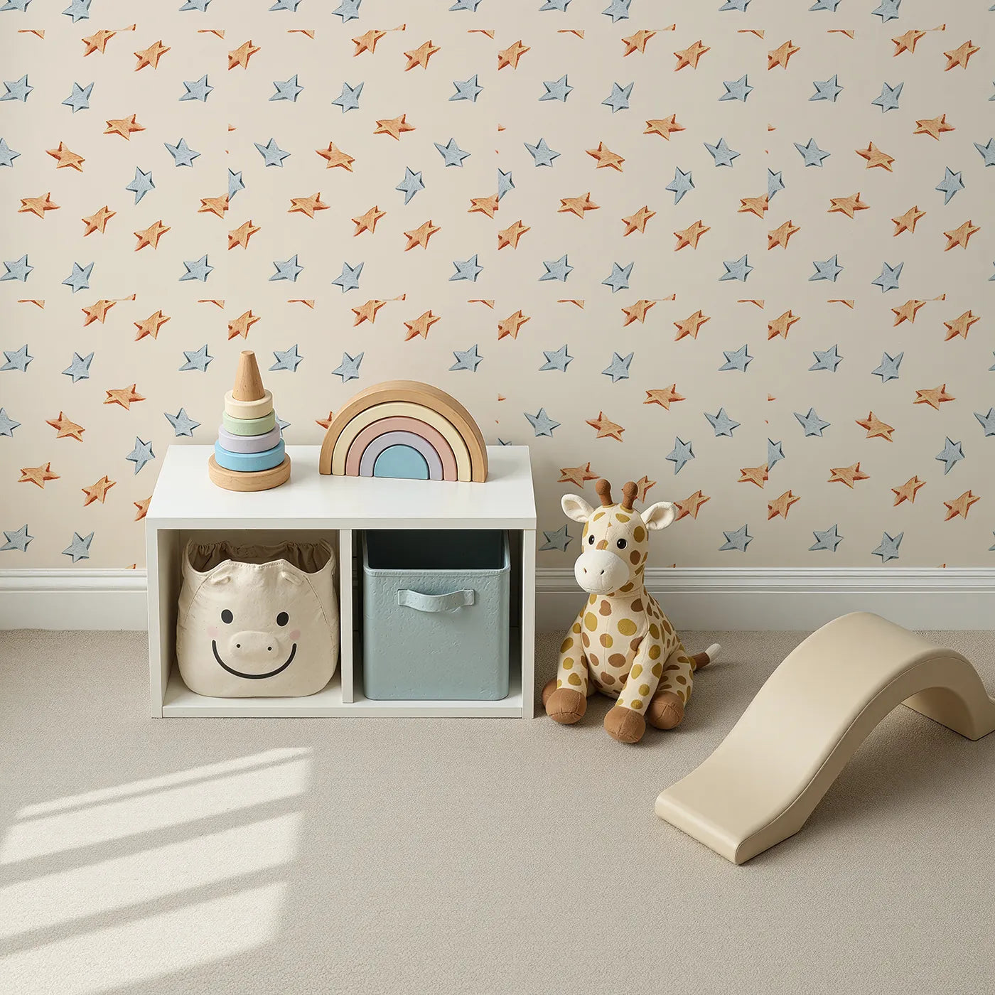 Top-Down view of Whimsy Tots' Wooden Star Sprinkle Wallpaper in Beige (W3315C).Soft wooden stars drift gently across cozy beige skies.