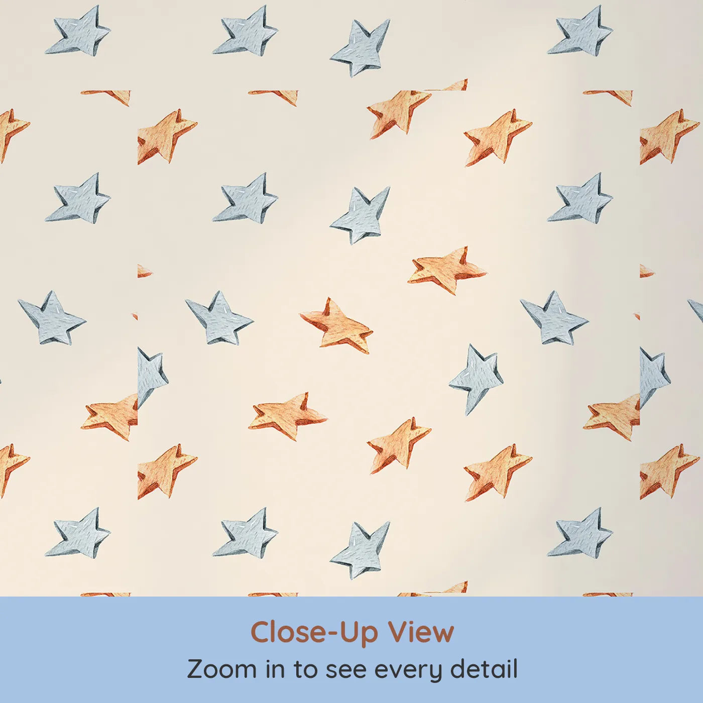 Close-up view of Whimsy Tots' Wooden Star Sprinkle Wallpaper in Beige (W3315C).Soft wooden stars drift gently across cozy beige skies.