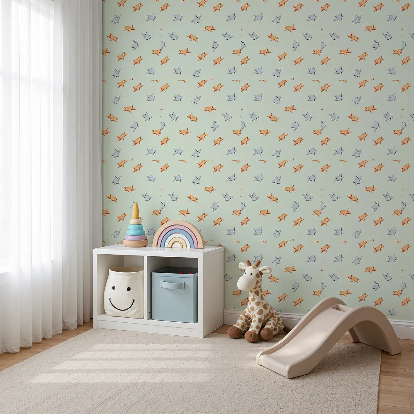 Angled view of Whimsy Tots' Wooden Star Sprinkle Wallpaper in Mint Green (W3315D).Silver and orange wooden stars shine softly over minty skies.