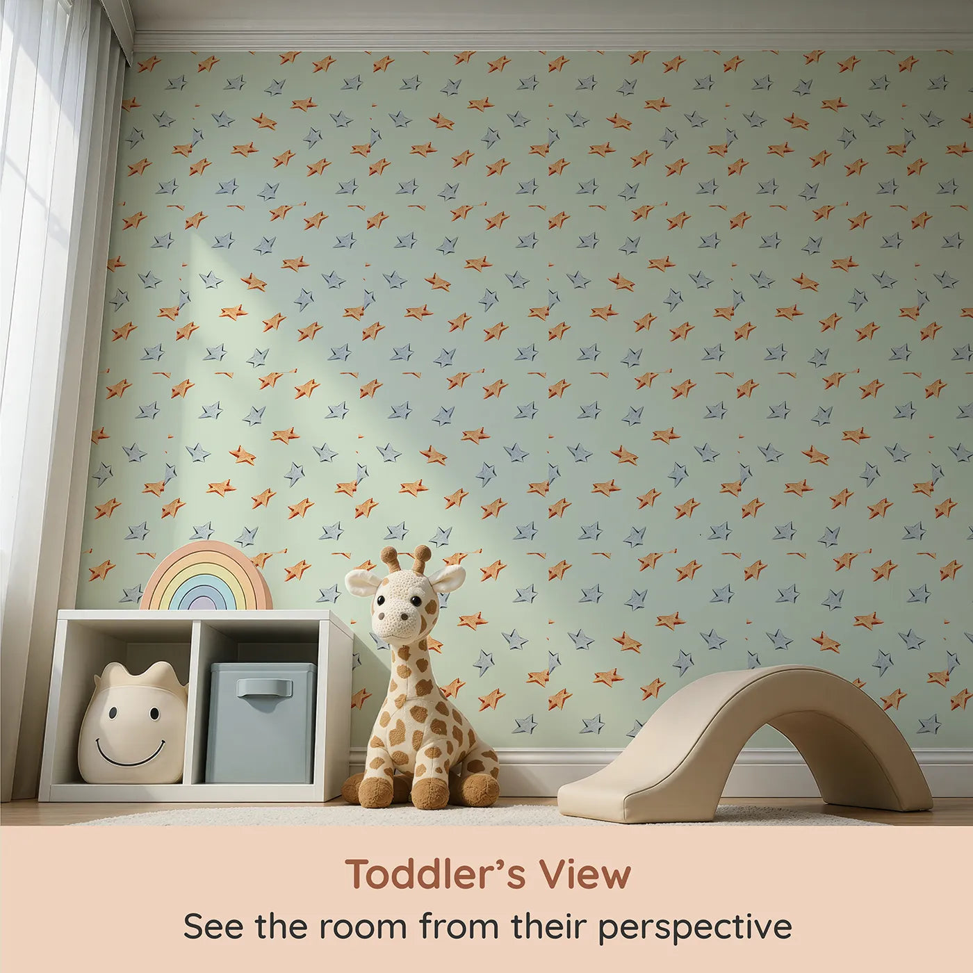 Whimsy Tots Wooden Star Sprinkle Wallpaper in Mint Green (W3315D) from your child's view.Silver and orange wooden stars shine softly over minty skies.