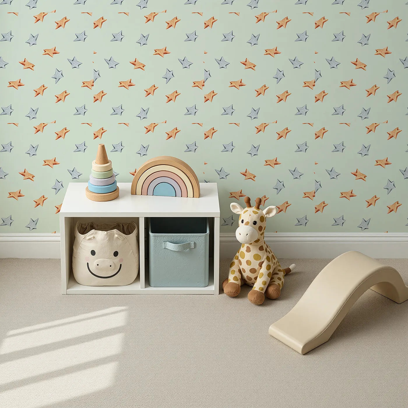 Top-Down view of Whimsy Tots' Wooden Star Sprinkle Wallpaper in Mint Green (W3315D).Silver and orange wooden stars shine softly over minty skies.
