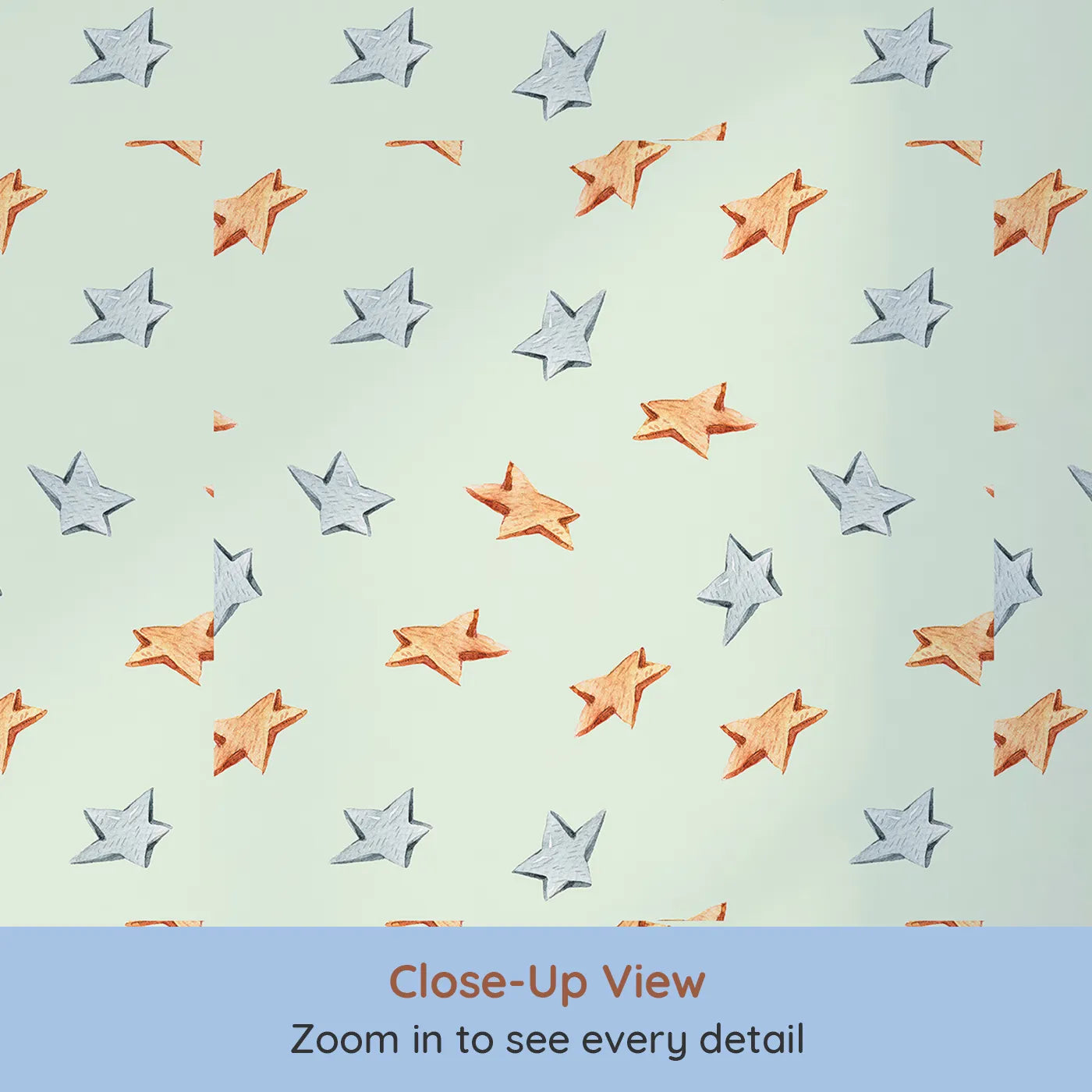 Close-up view of Whimsy Tots' Wooden Star Sprinkle Wallpaper in Mint Green (W3315D).Silver and orange wooden stars shine softly over minty skies.