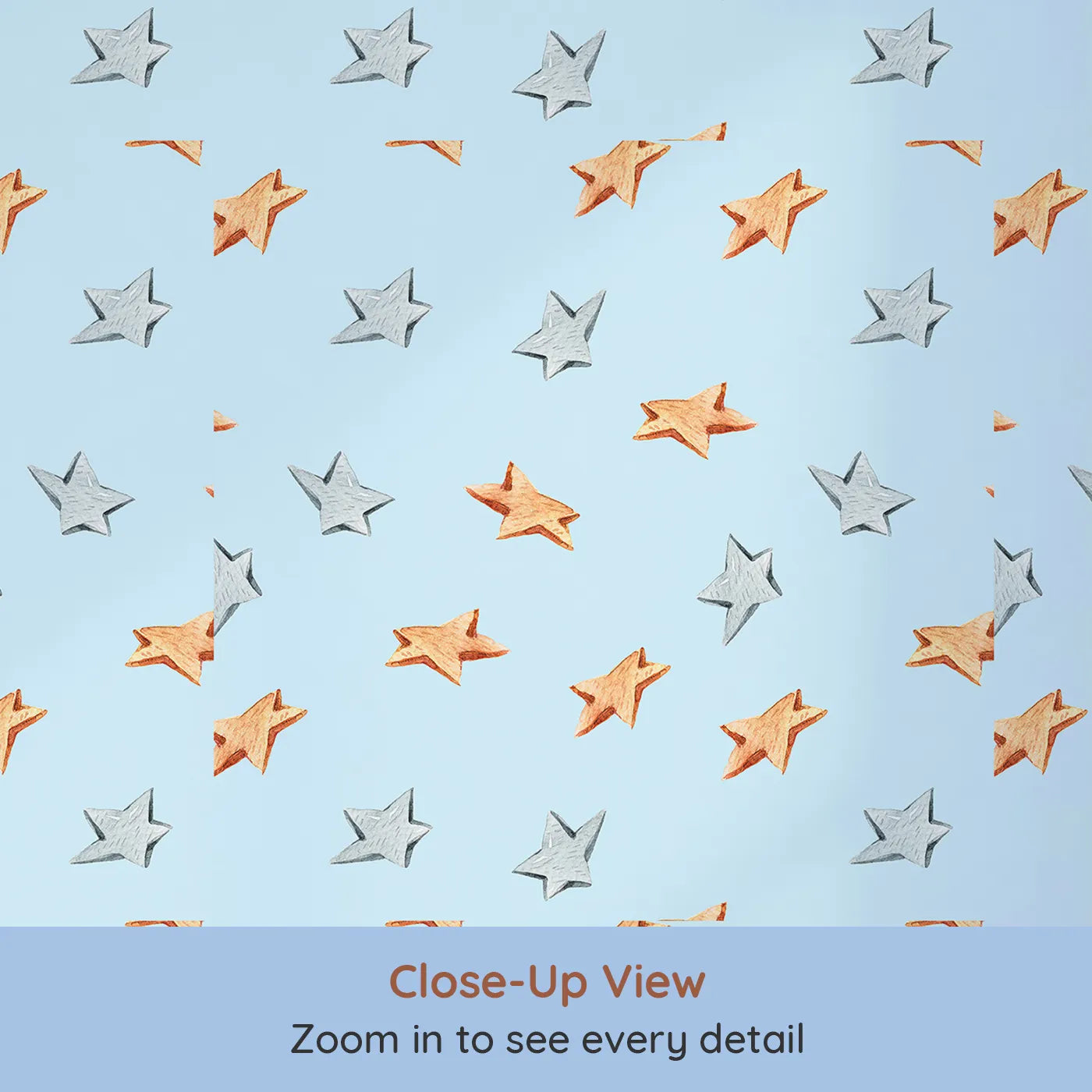 Close-up view of Whimsy Tots' Wooden Star Sprinkle Wallpaper in Blue (W3315E).Orange and silver stars float peacefully across soft blue skies.