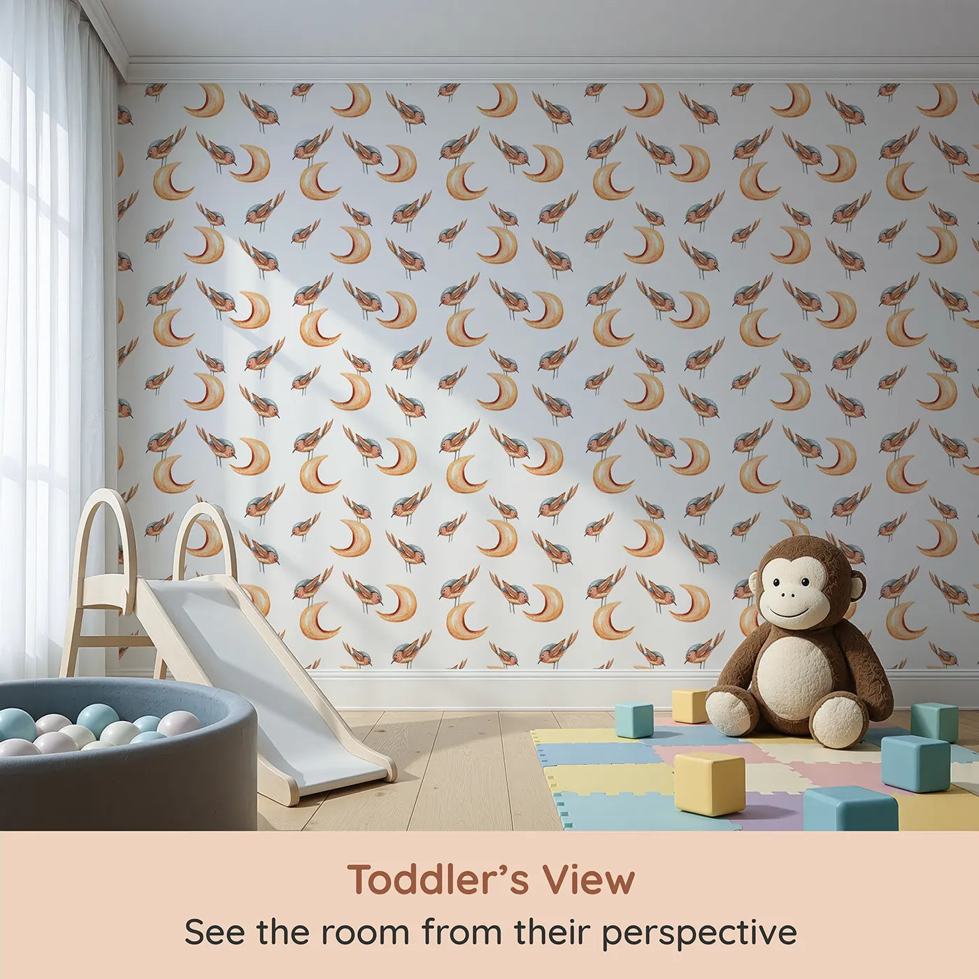 Whimsy Tots Moon Perch Birds Wallpaper in White (W3316A) from your child's view.Soft watercolor birds perch sweetly on warm crescent moons.