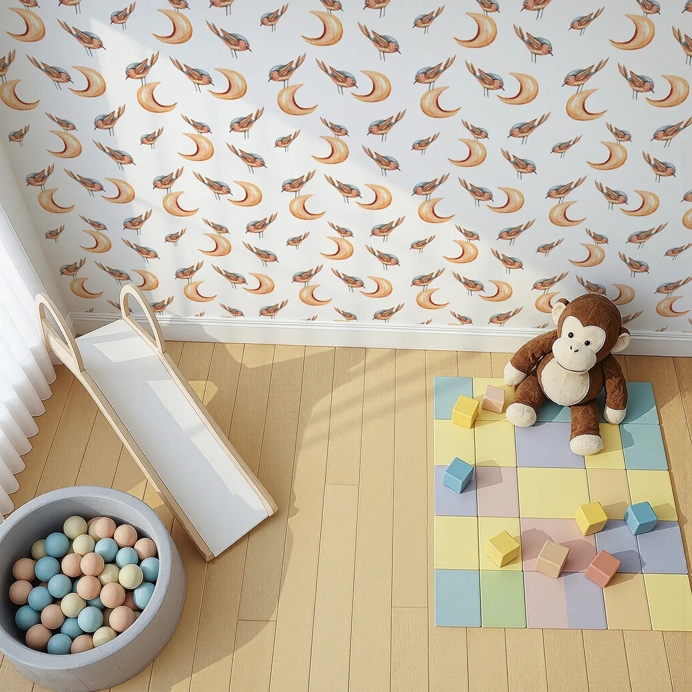 Top-Down view of Whimsy Tots' Moon Perch Birds Wallpaper in White (W3316A).Soft watercolor birds perch sweetly on warm crescent moons.